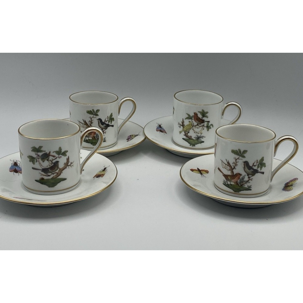 Herend Rothschild Bird Demitasse Espresso Coffee Cup Saucer Set of 4 Hungary